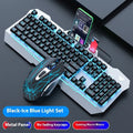 Mechanical gaming bundle showing black keyboard with blue backlighting alongside matching mouse and headset