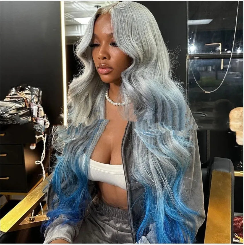 Gradient grey blue human hair lace front wig with 4x4 closure shown at shoulder length