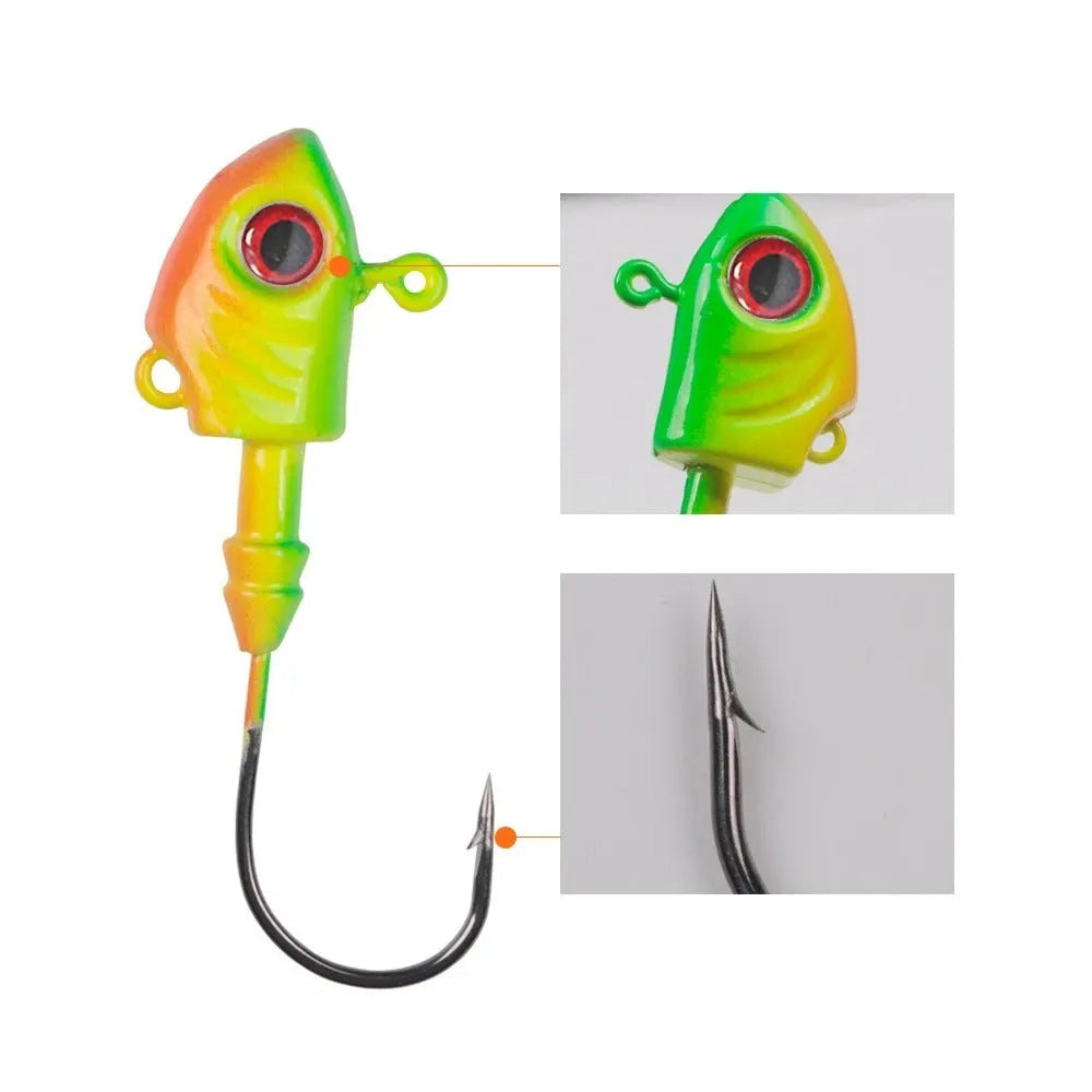 Fish-shaped lead head fishing hook in multiple weight options from 3.5g to 28g