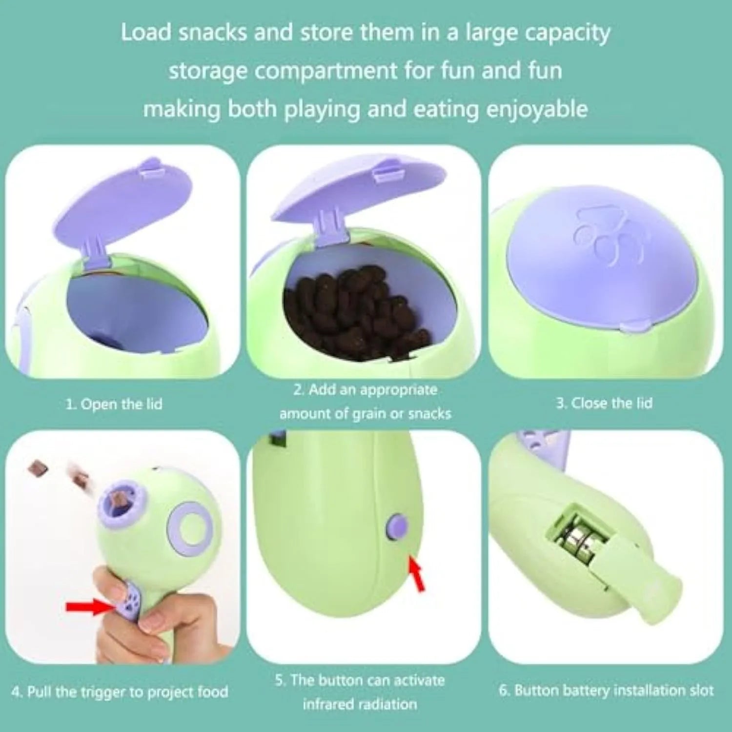 Green, orange, and pink plastic dog treat launcher toy for interactive feeding and training.