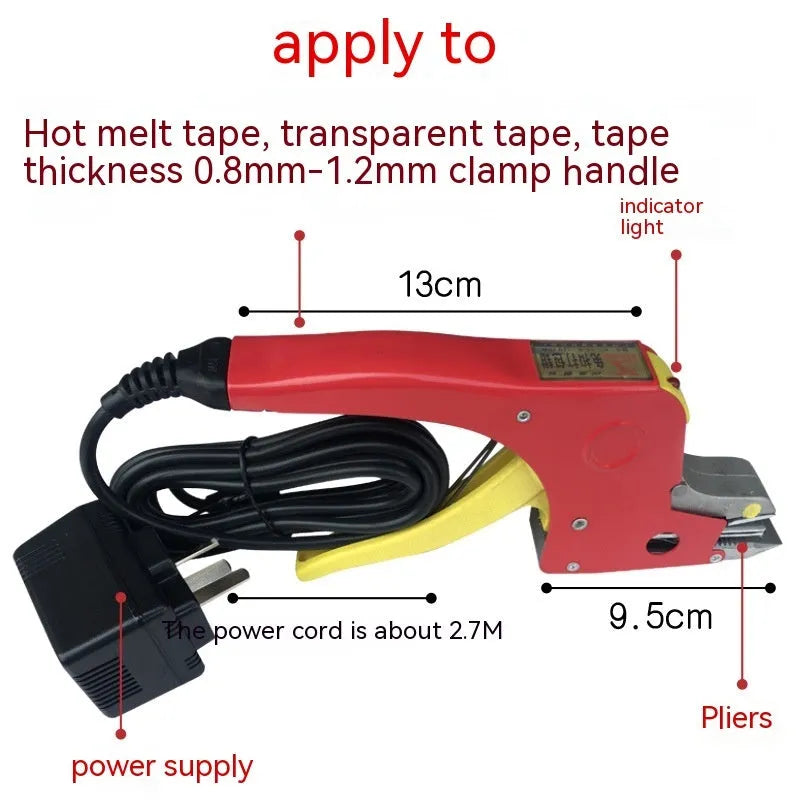 Electric hot melt packing machine with plastic steel tightener and yellow packaging tape for buckle-free strapping