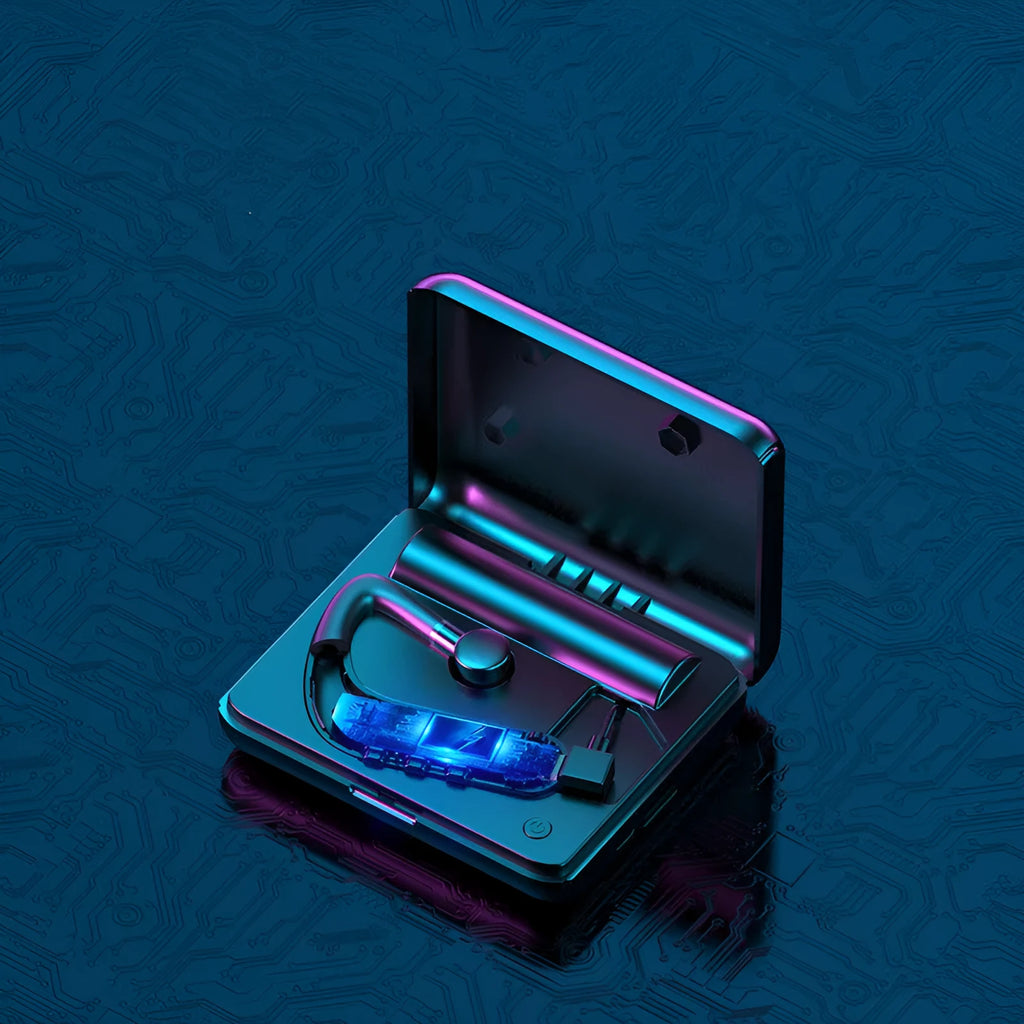 Black Bluetooth earphones with hanging ear design, shown with a charging case and spare ear caps.