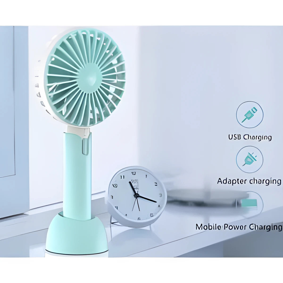 Blue handheld and desktop mini USB fan with oscillation function on a table.