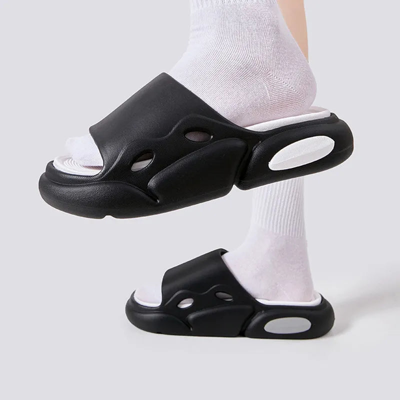 Women's and men's two-colour EVA slippers with thick soles and leather lining in pink purple, white green, or black and white options.
