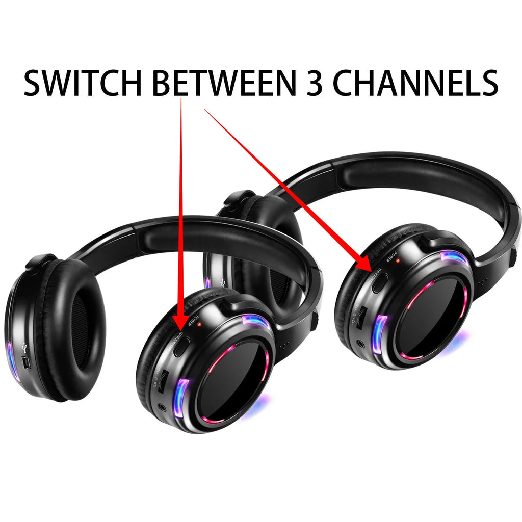 Black silent disco wireless headphones with head-mounted design and 3.5mm plug for transmitter connection