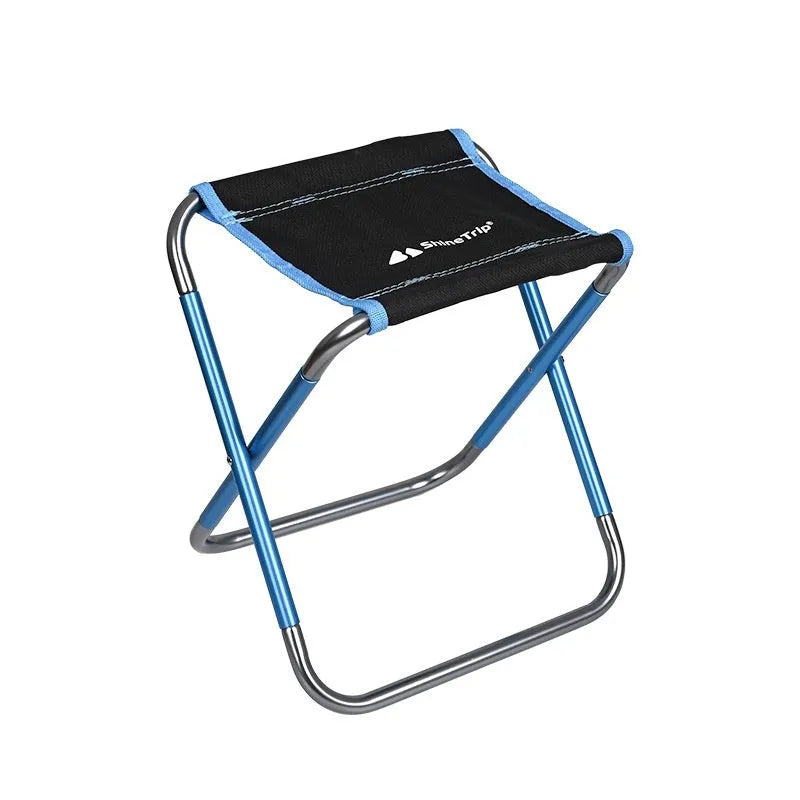 Black ethnic style folding camping stool with aluminium alloy frame, shown in folded and open positions.