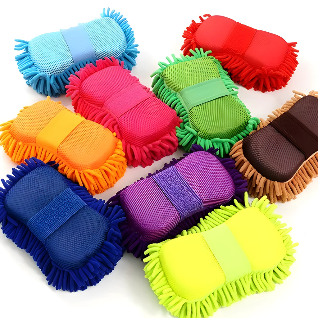 Silver green microfiber chenille car wash sponge measuring 14x25cm for vehicle and household cleaning