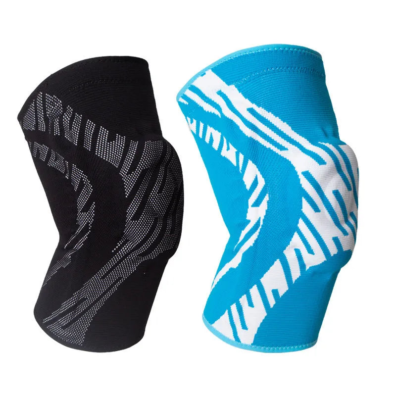 A black nylon compression knee pad for sports, shown laid flat.