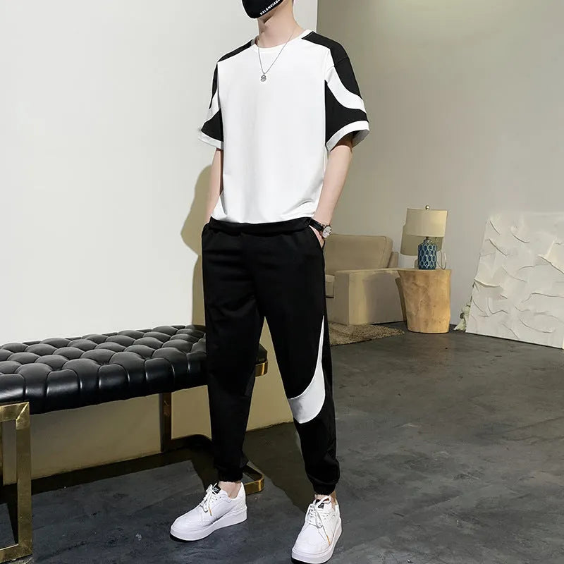 Men's summer casual suit with short-sleeved cotton blend T-shirt and matching nylon shorts in black and white sizes M to 4XL
