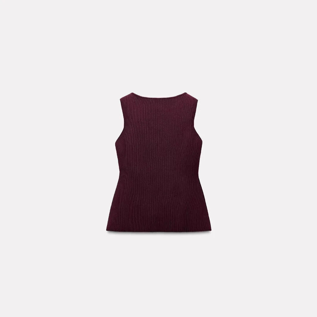 Women's dark red sweater vest with gold buttons and 3D pattern, sleeveless cardigan style
