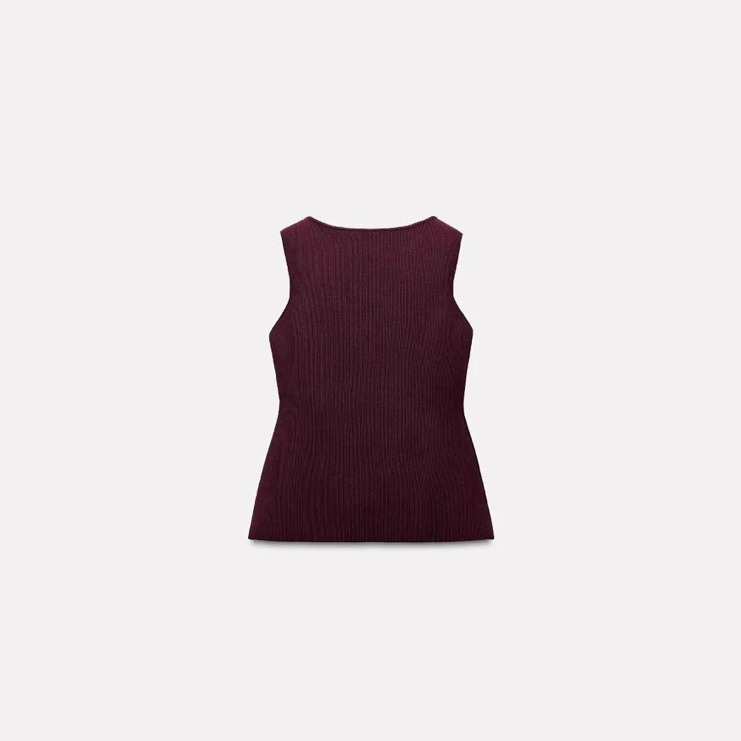Women's dark red sweater vest with gold buttons and 3D pattern, sleeveless cardigan style