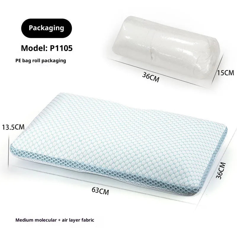 Household cervical memory foam pillow 63x36x13.5cm shown with medium molecule air layer cover in white and blue