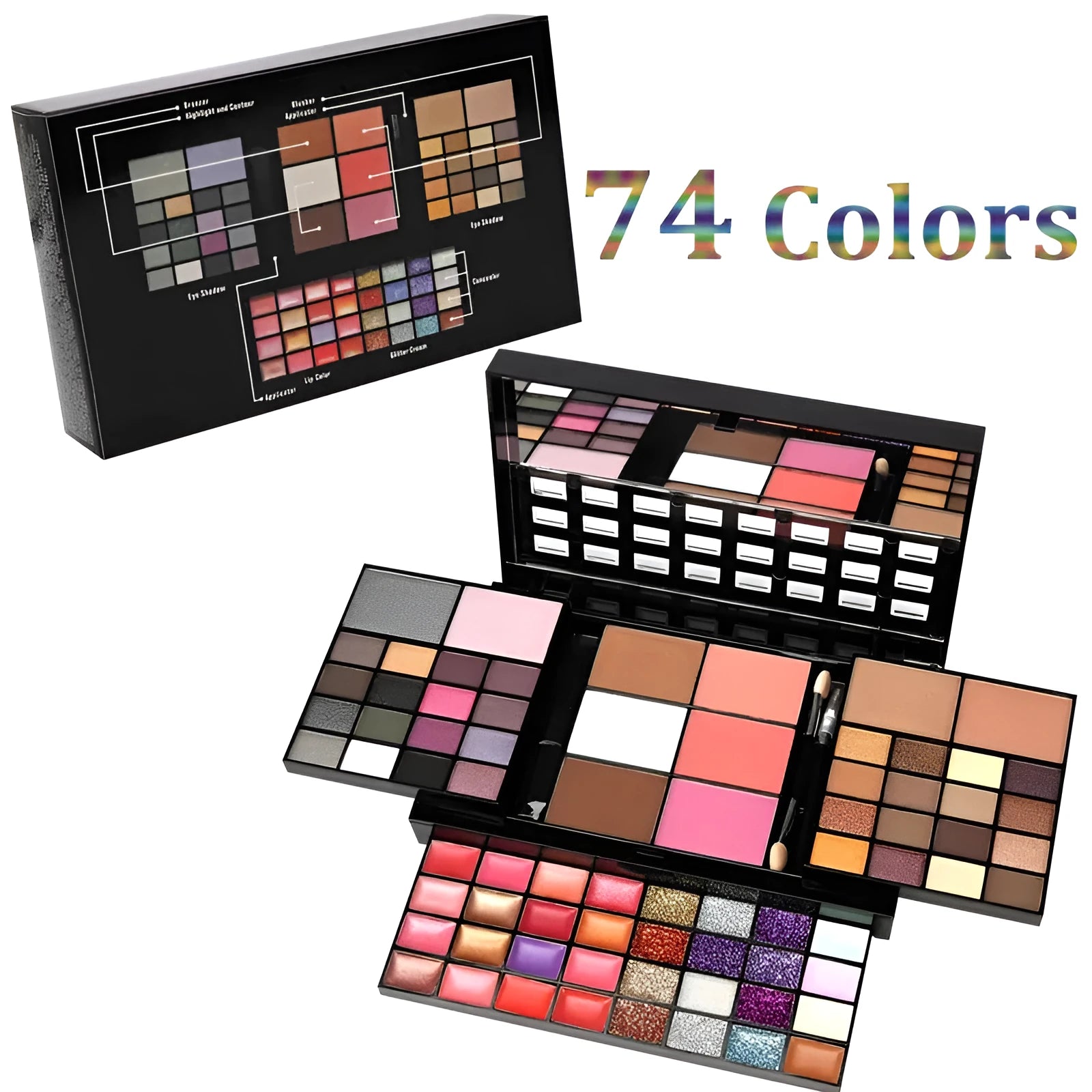 74 colour makeup palette open showing eyeshadow, lip gloss, blush and contour powders with brush and applicator