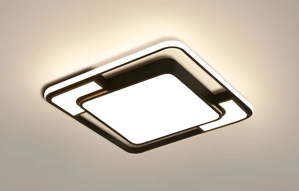 White square LED ceiling lamp with iron and PVC construction, 42cm wide.