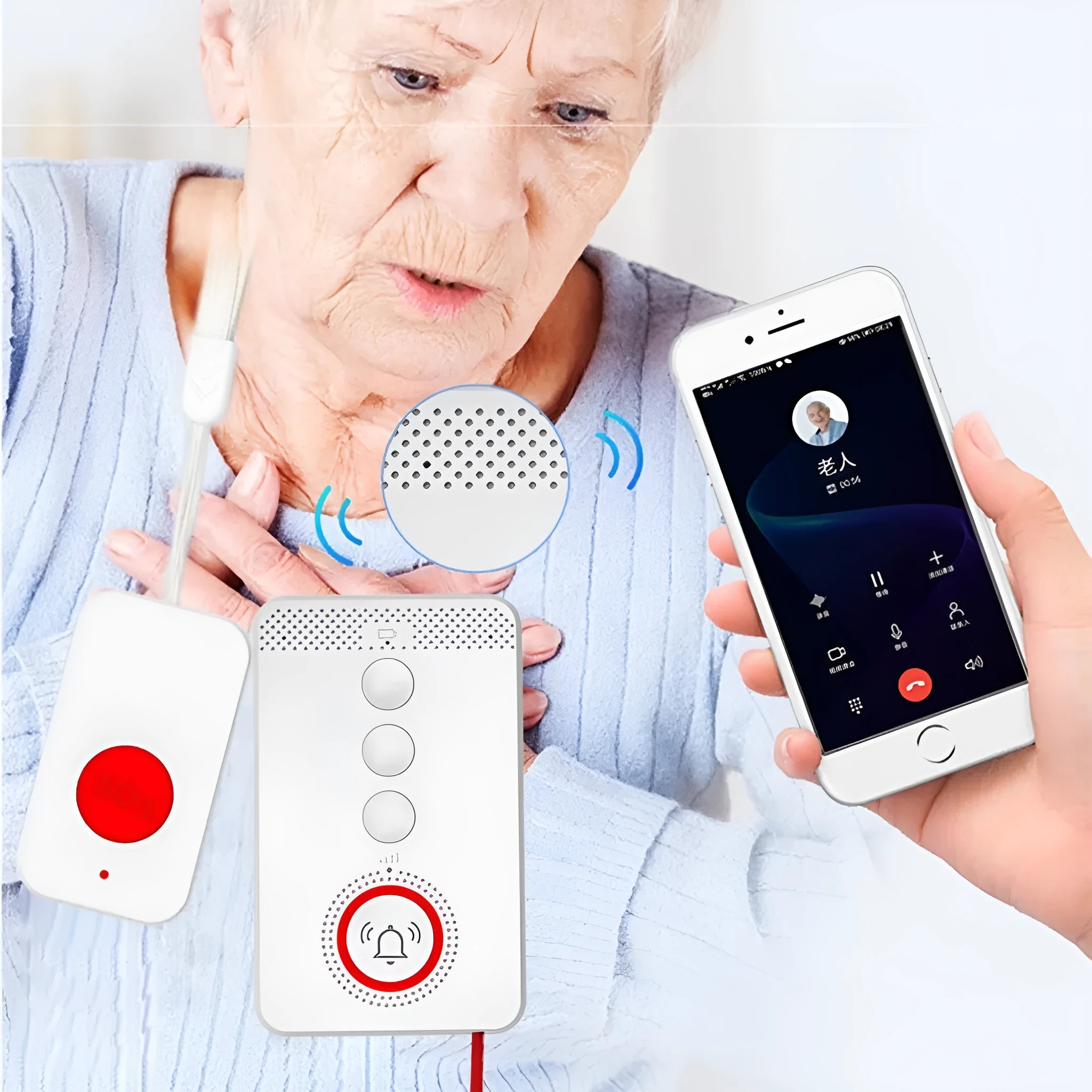 White emergency alert device with central buzzer and three wireless emergency buttons for elderly safety