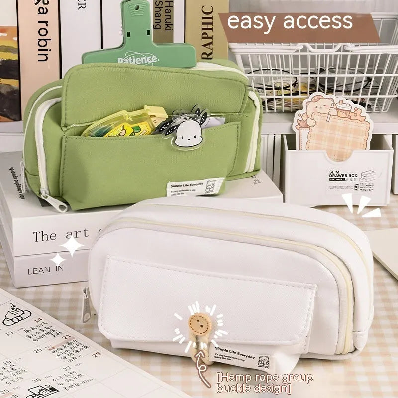 Green Korean-style canvas pencil case with zip, large enough to hold 80 pens.