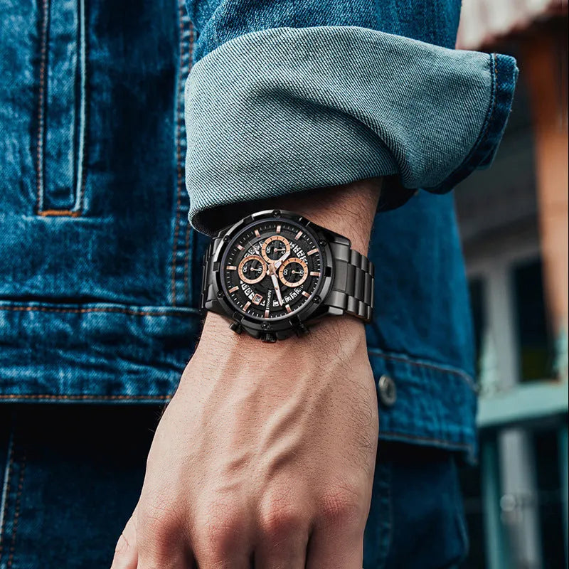 Men's waterproof luminous watch with steel belt in black and blue colour variant.