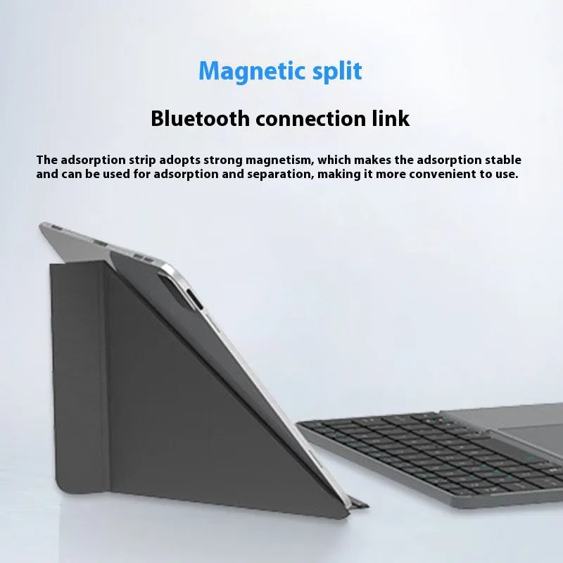 Grey folding Bluetooth wireless keyboard for phones and tablets shown folded and unfolded