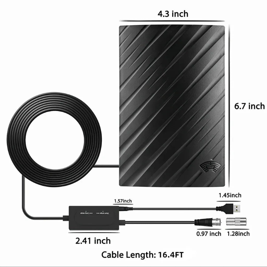 Black plastic indoor HD television antenna with mounting hardware including expansion tubes, screws, cable ties, and adhesive tape