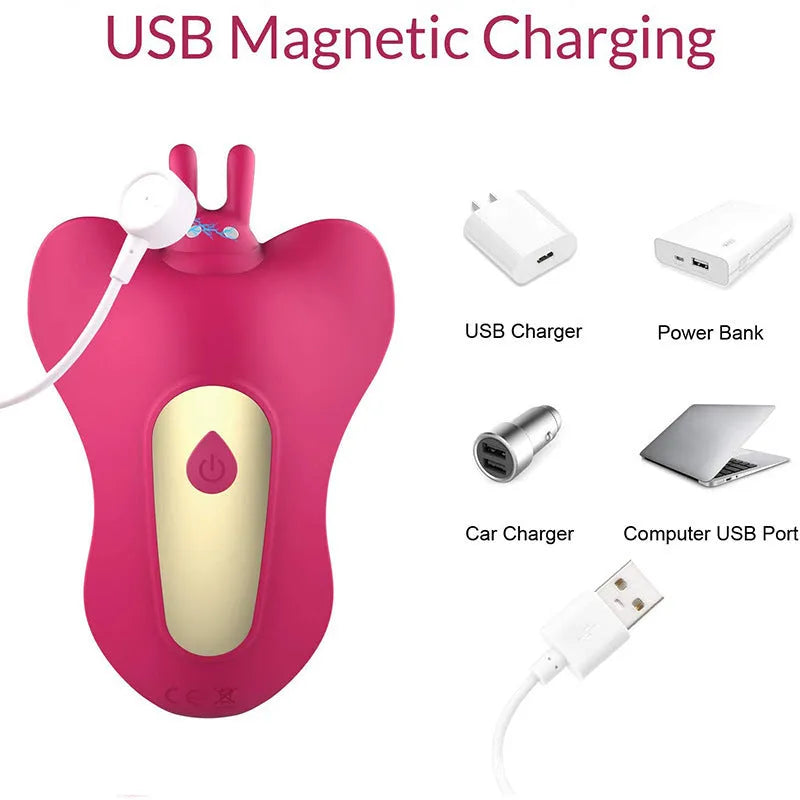Remote control wearable butterfly dildo in purple silicone with remote and USB cable in rose red aluminium bag