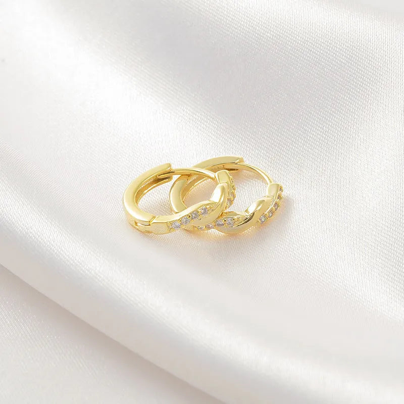 Geometric round hemp rope earclip earrings for women with diamond-coated gold finish