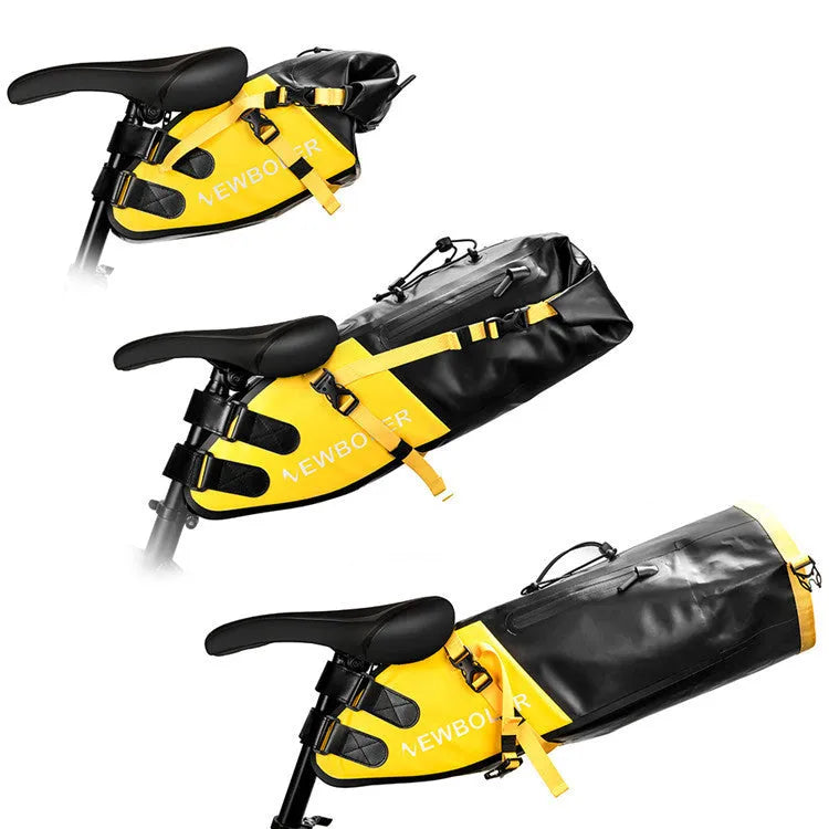 Large black waterproof bicycle tail bag attached to a bike seat post, showing its 13 litre capacity.