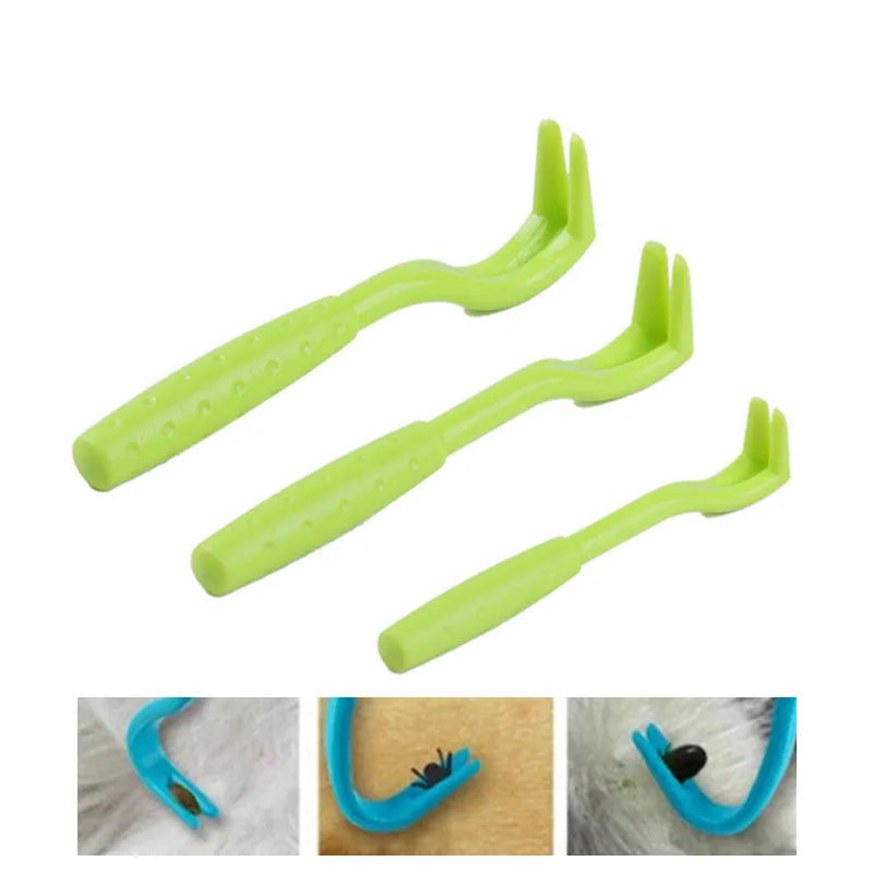 Three plastic pet tick removal clips in blue and green colours for cat and dog parasite control