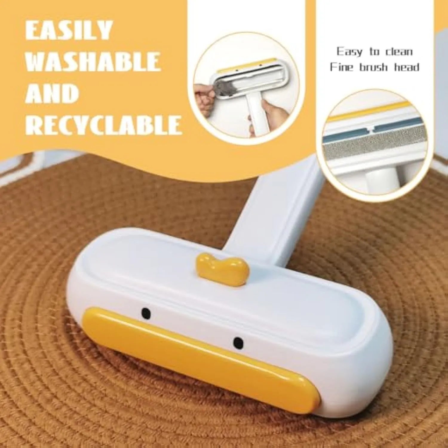 White duck-shaped pet hair remover tool with handle and bristles for removing pet fur