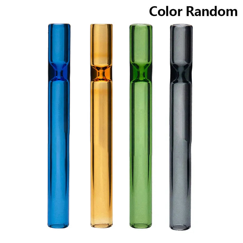 Clear glass telescopic smoking pipe with straight suction nozzle on a white background