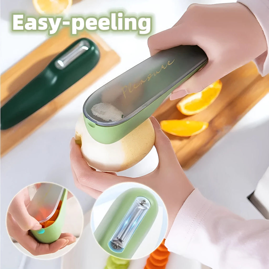 Dark green kitchen peeler with storage tube and stainless steel blade for peeling vegetables and fruit