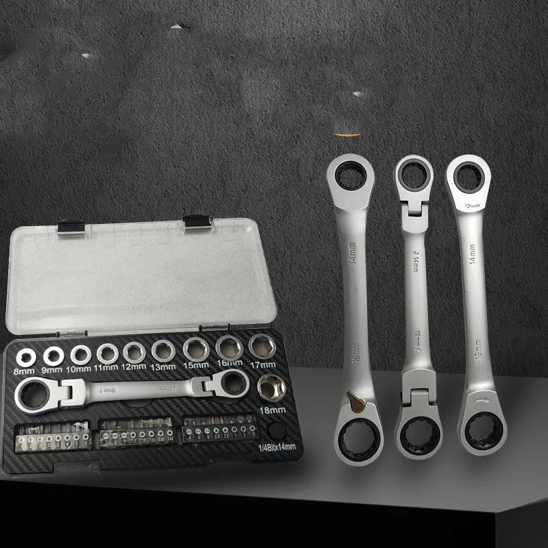 Two-way ratchet wrench with a 1/2 inch drive, surrounded by ten sockets and three batch heads on a workbench.