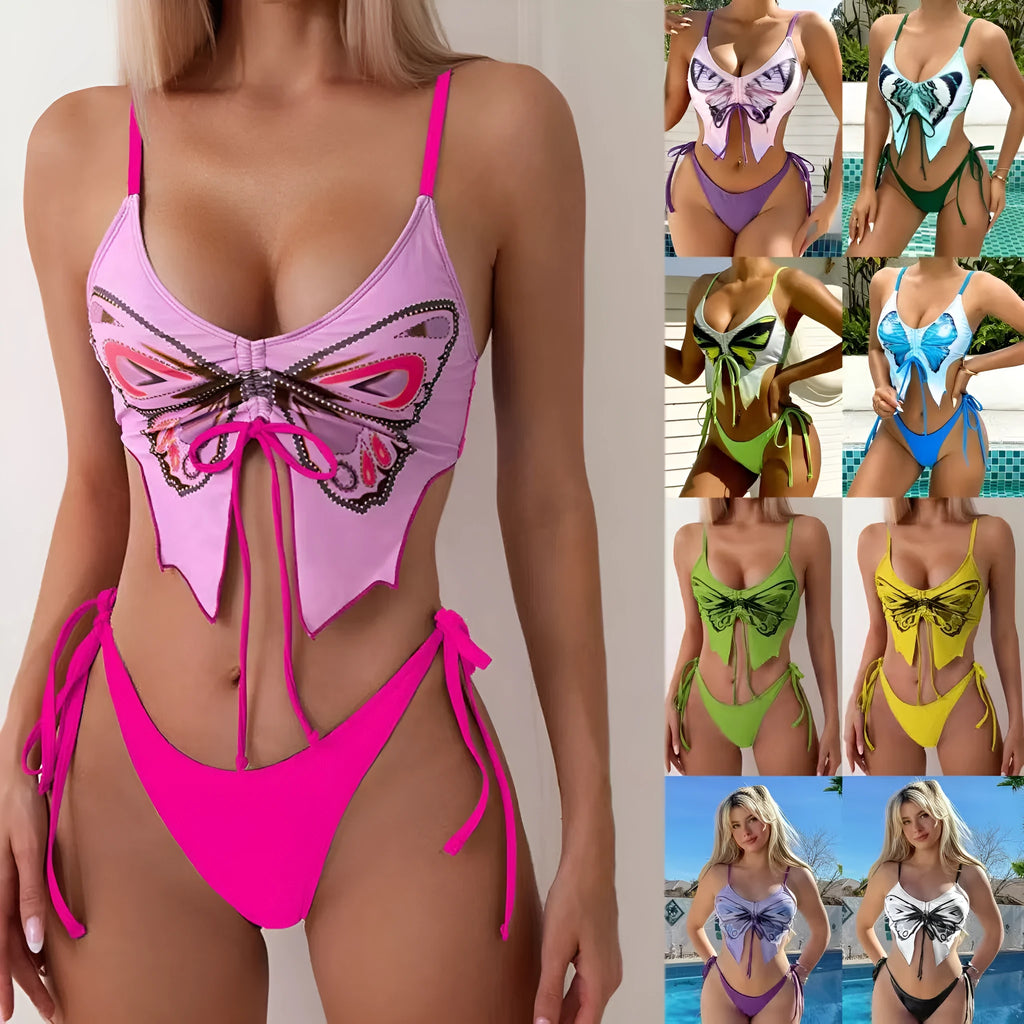 Purple women's bikini suit with bow detail and split design on a mannequin.