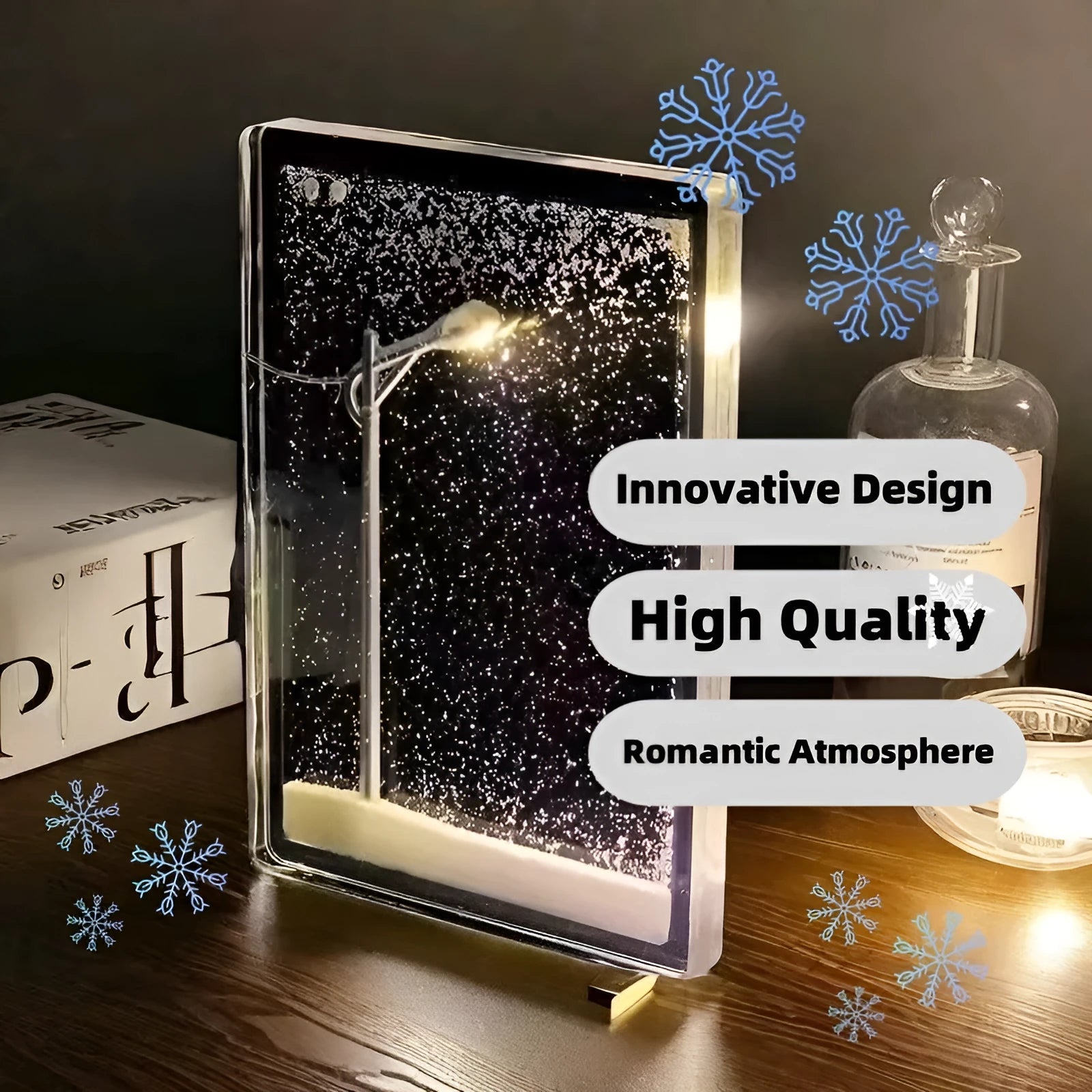 DIY snowy night light kit with LED components and craft materials for Christmas desktop decor