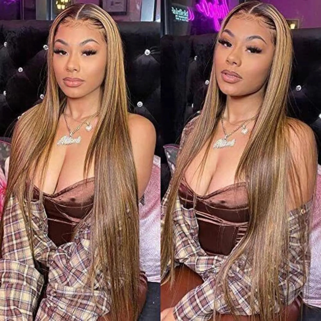 Long straight real human hair front lace wig colour P427 for ladies 13x4 weave