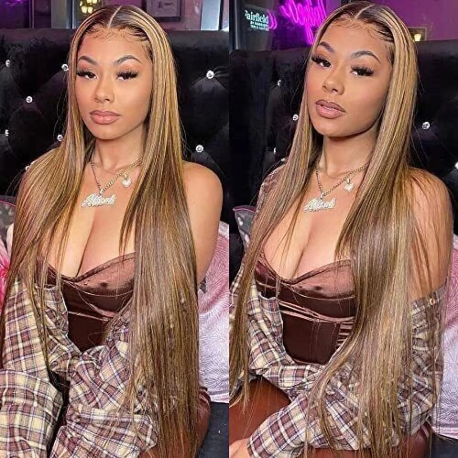 Long straight real human hair front lace wig colour P427 for ladies 13x4 weave