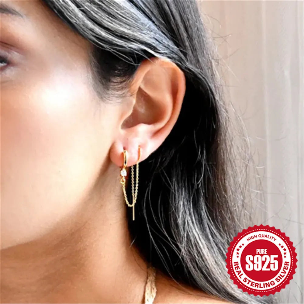 S925 sterling silver earrings with electroplated gold finish and geometric flower tassel chain design