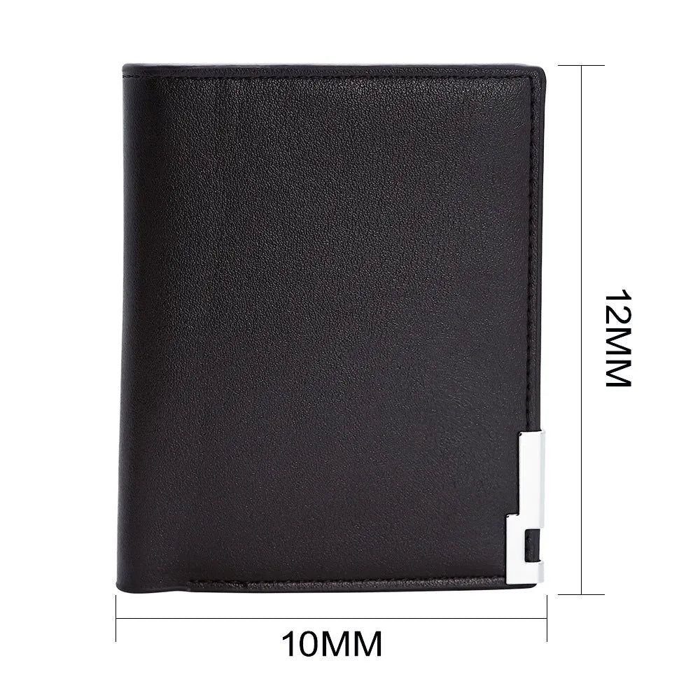 Men's leather wallet with zipper closure, individually packaged for gifting.