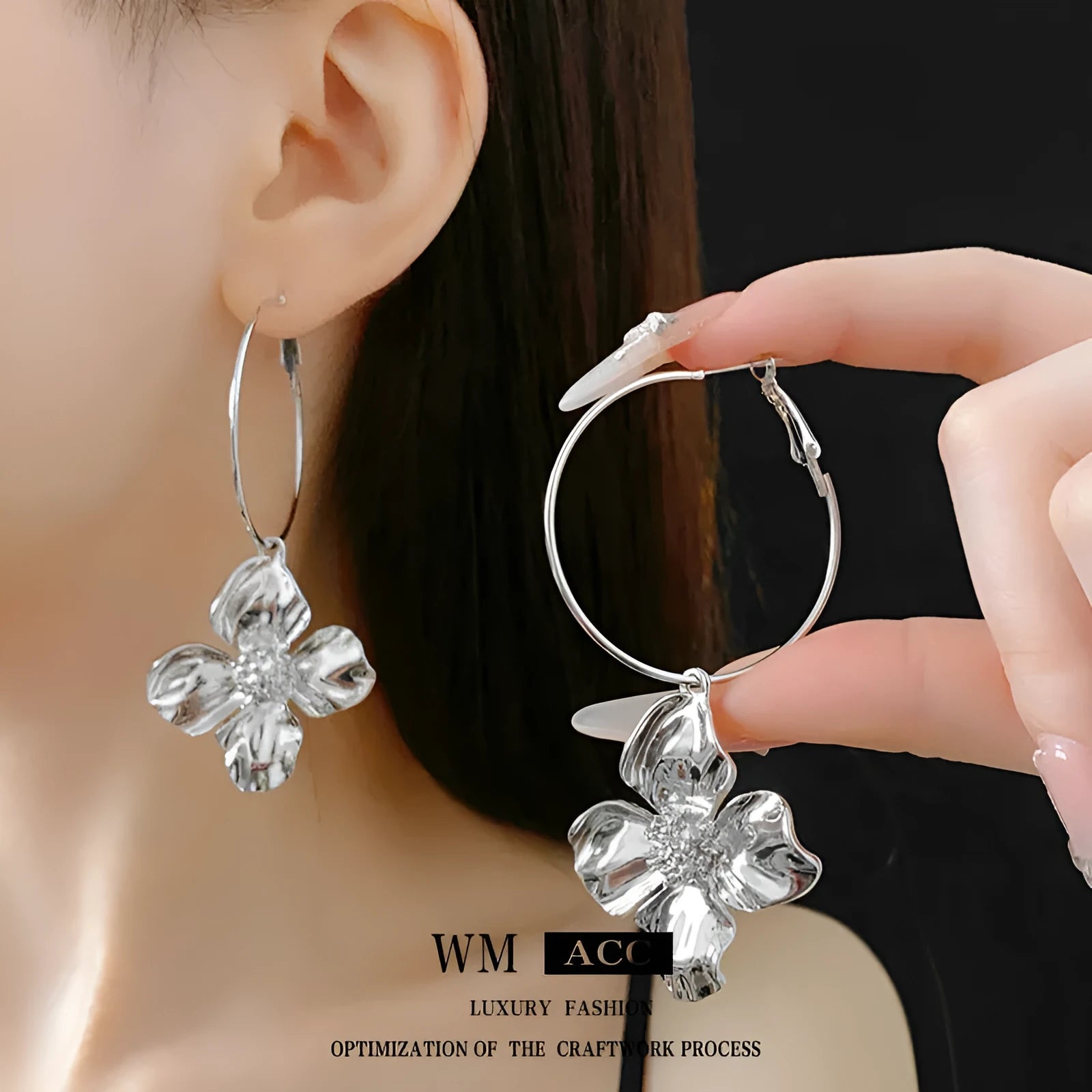 Flower and geometric design metal earrings in gold or silver electroplated finish with silver needle posts