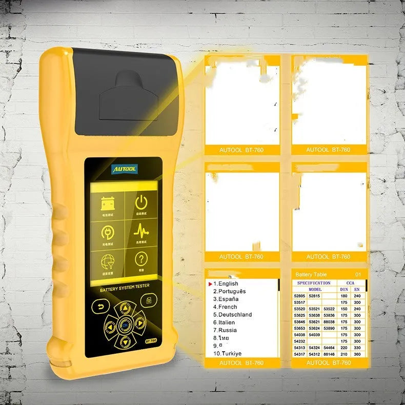 Autool BT760 colour screen vehicle battery tester with red and black clips and printed diagnostic receipt.