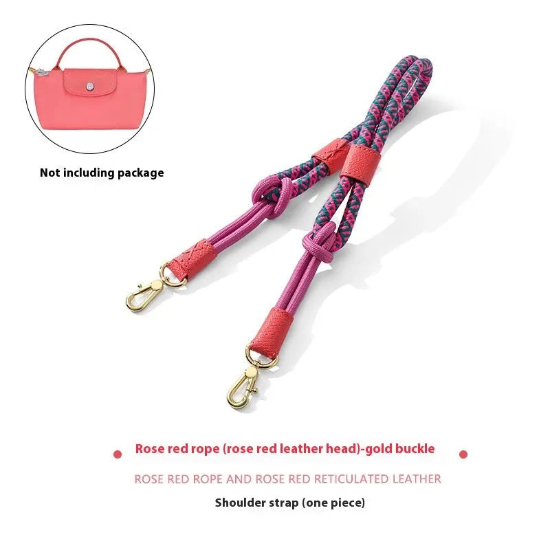 Braided nylon and cowhide leather shoulder strap with alloy buckle in gold or silver finish.