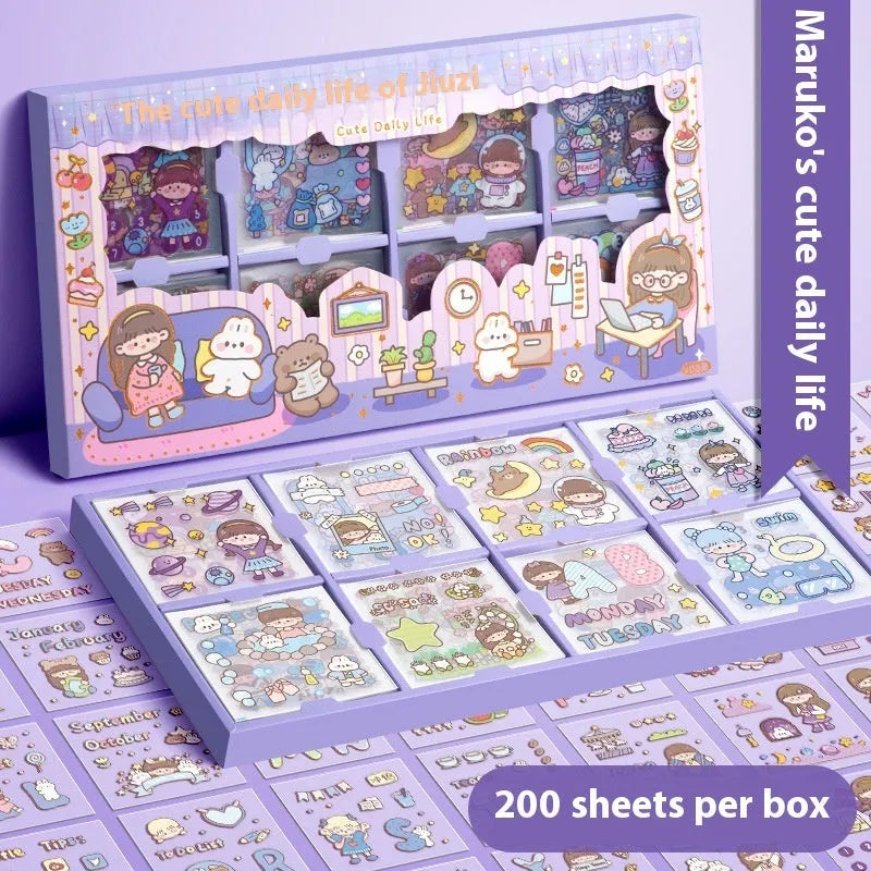 Children's reusable sticker book with five themed designs including cute characters and scenes
