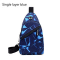 Men's crossbody messenger bag with earphone hole in Oxford cloth, showing zipper opening and shoulder strap