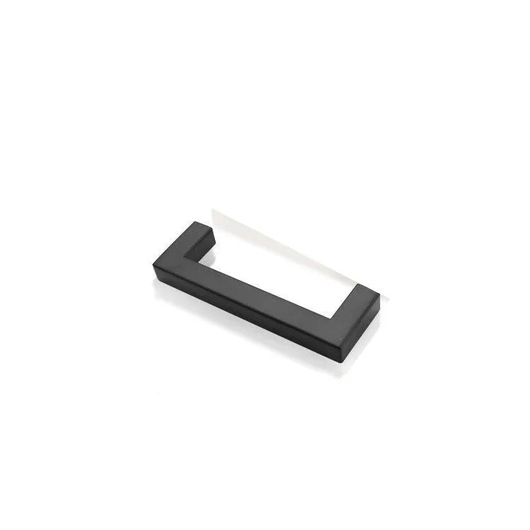 Stainless steel square pipe cabinet handle with a brushed finish, shown next to a size specification chart.