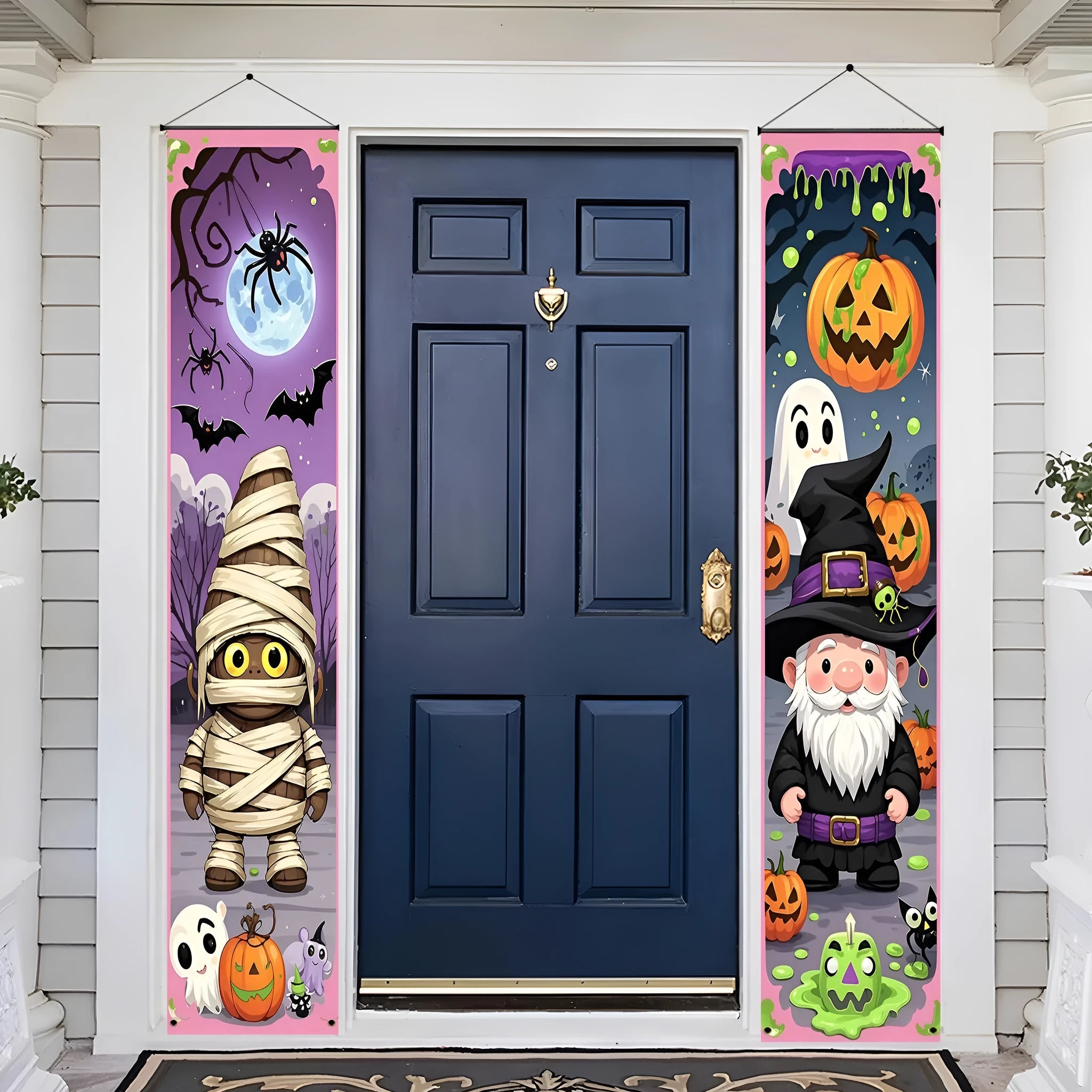A pair of long, narrow orange and black Halloween-themed polyester hanging banner decorations.