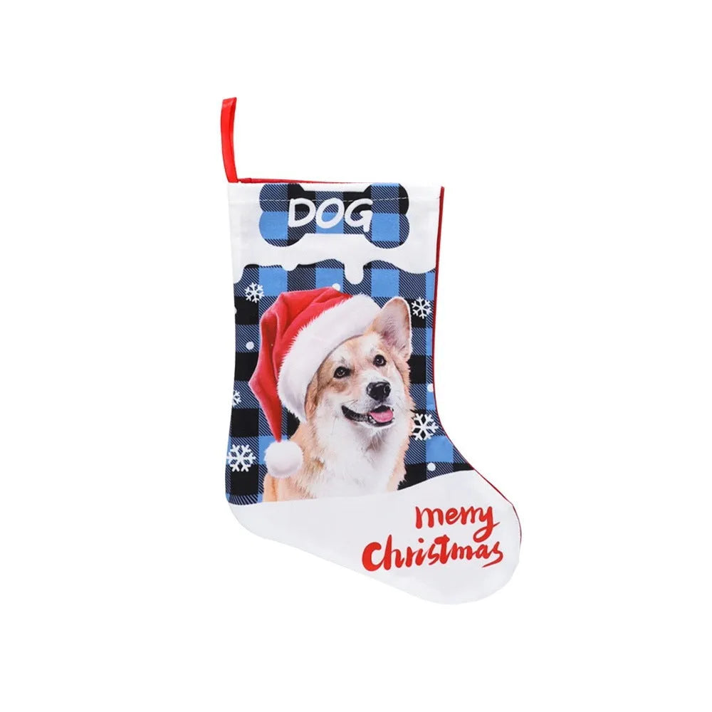 American style cloth Christmas decoration with plaid printed puppy and cat designs, size 26x36cm.