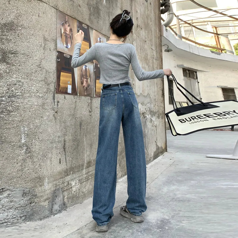 Women's retro blue straight-leg jeans with high waist in three length variations
