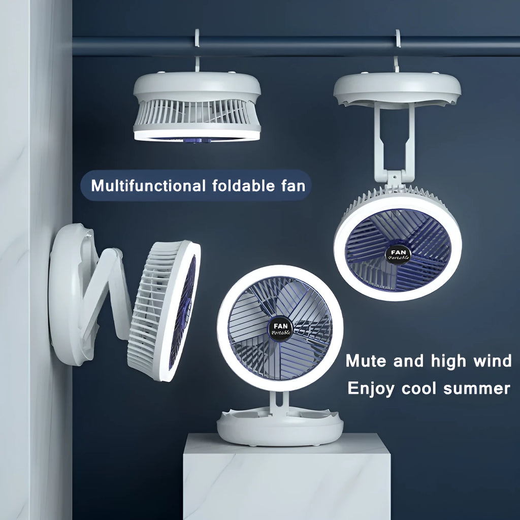 Blue USB charging foldable table fan with LED light showing wall mounting option and 300° tilt adjustment