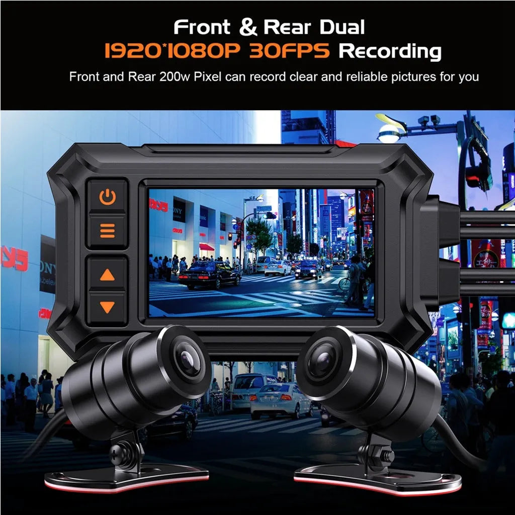 Motorcycle dual lens GPS tachograph recorder unit with front and rear cameras and handlebar mount