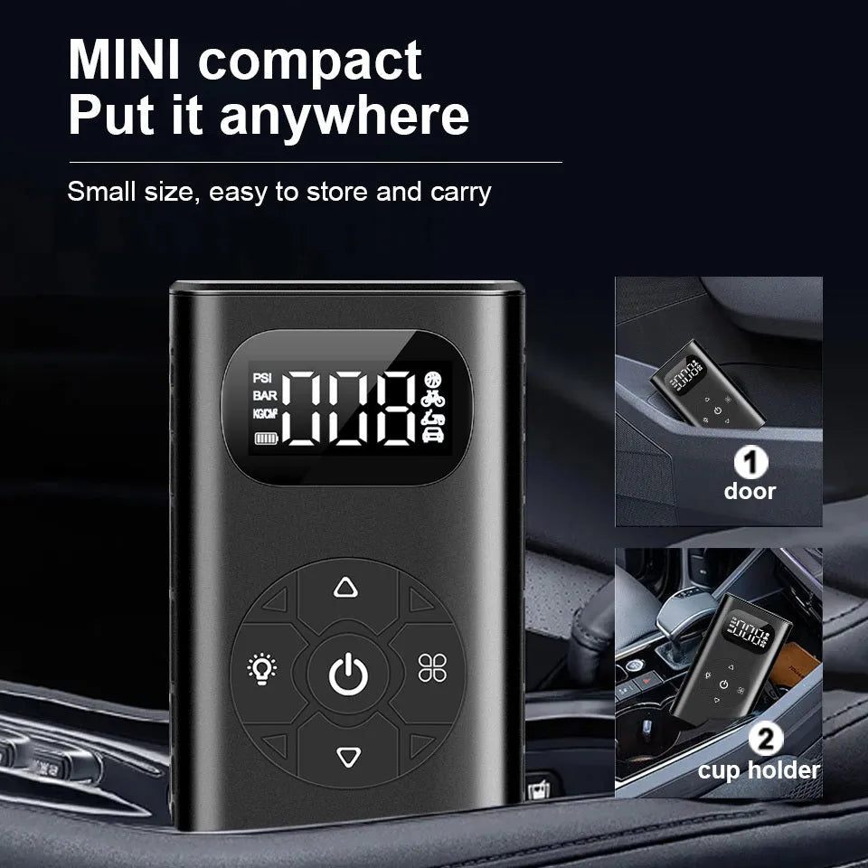 Black rectangular aviation alloy portable tyre inflator with USB cable on a grey background.