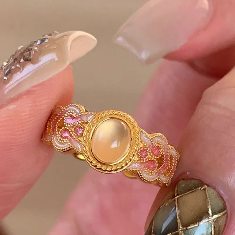 Open mouth adjustable copper ring with geometric design and pink crystal enamel decoration for women